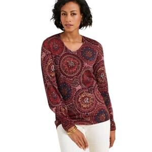 Talbots Pure Merino Wool Puff Sleeve Burgendy Pink Paisley Sweater Plus Size 1X